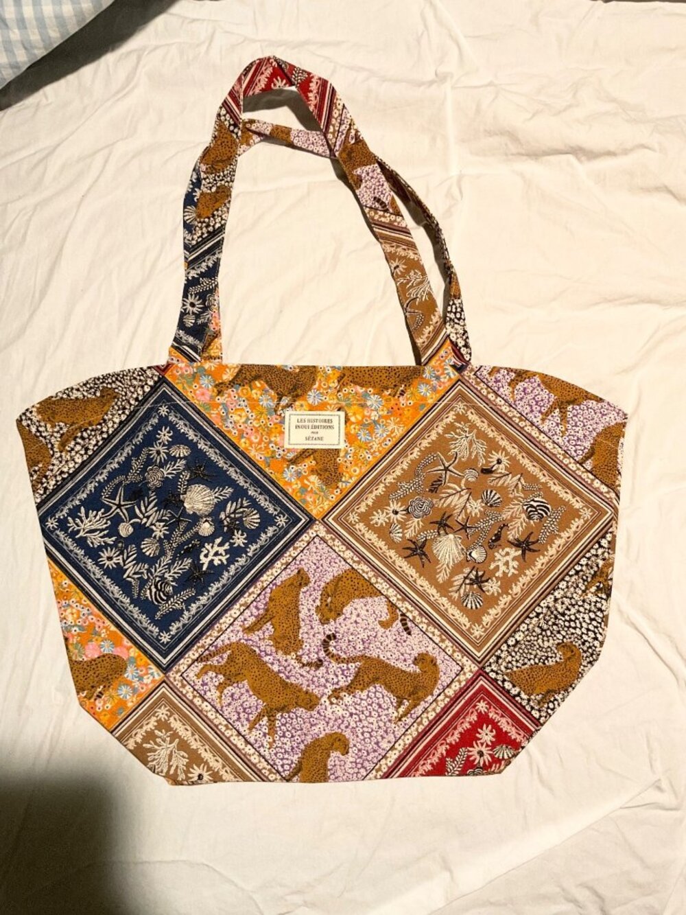 NWOT Sézane x Inoui Éditions TOTE multi color red brown blue animal print